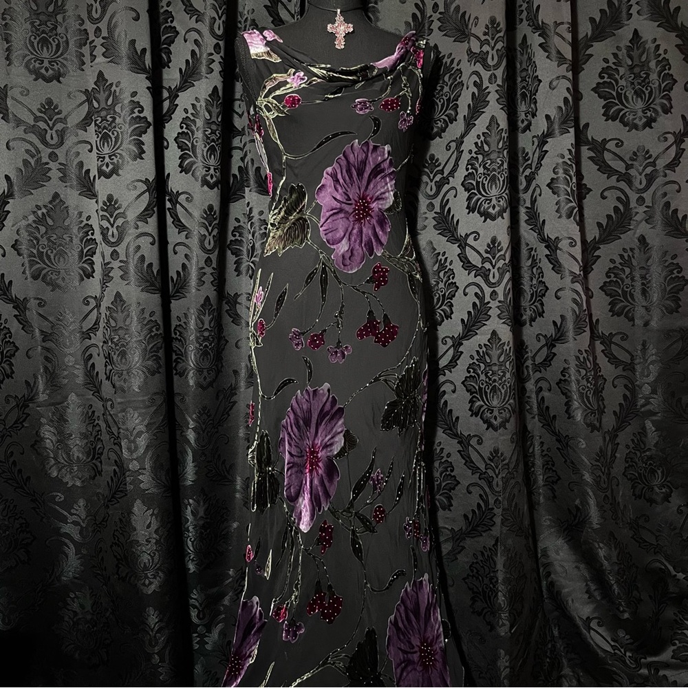 Cache Black and Purple Floral Maxi Dress